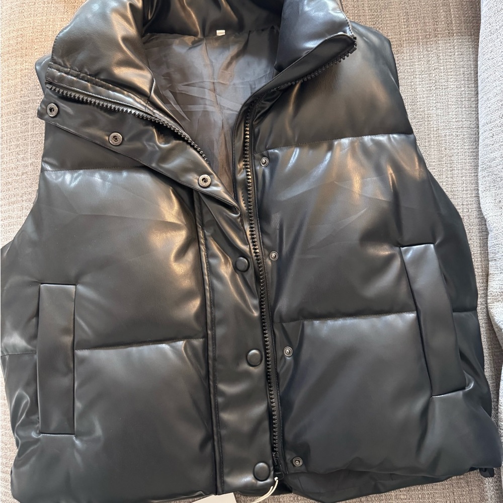 Faux Leather Black Puffer Vest